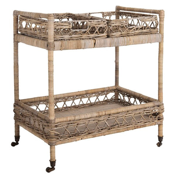Ambrose 2 Tier Rattan Bar Cart in Grey Wash
