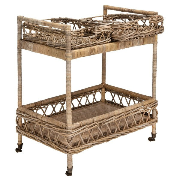 Ambrose 2 Tier Rattan Bar Cart in Grey Wash