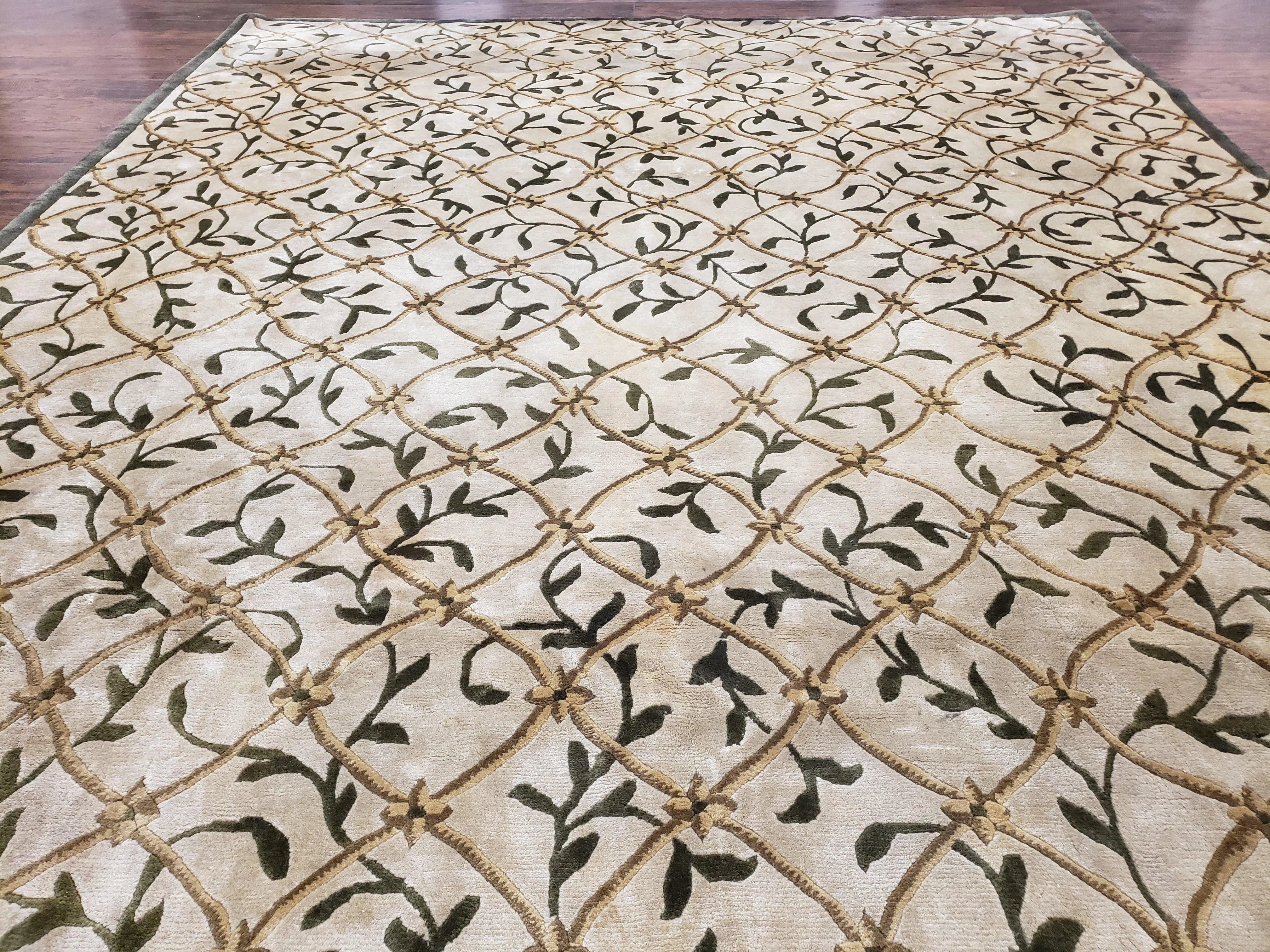 Vintage Tibetan Nepalese Area Rug 9x12, Wool Hand-Knotted, Beige Nepali Soft Pile Carpet, 9 x 12 Living Room Modern Dining Room Rug