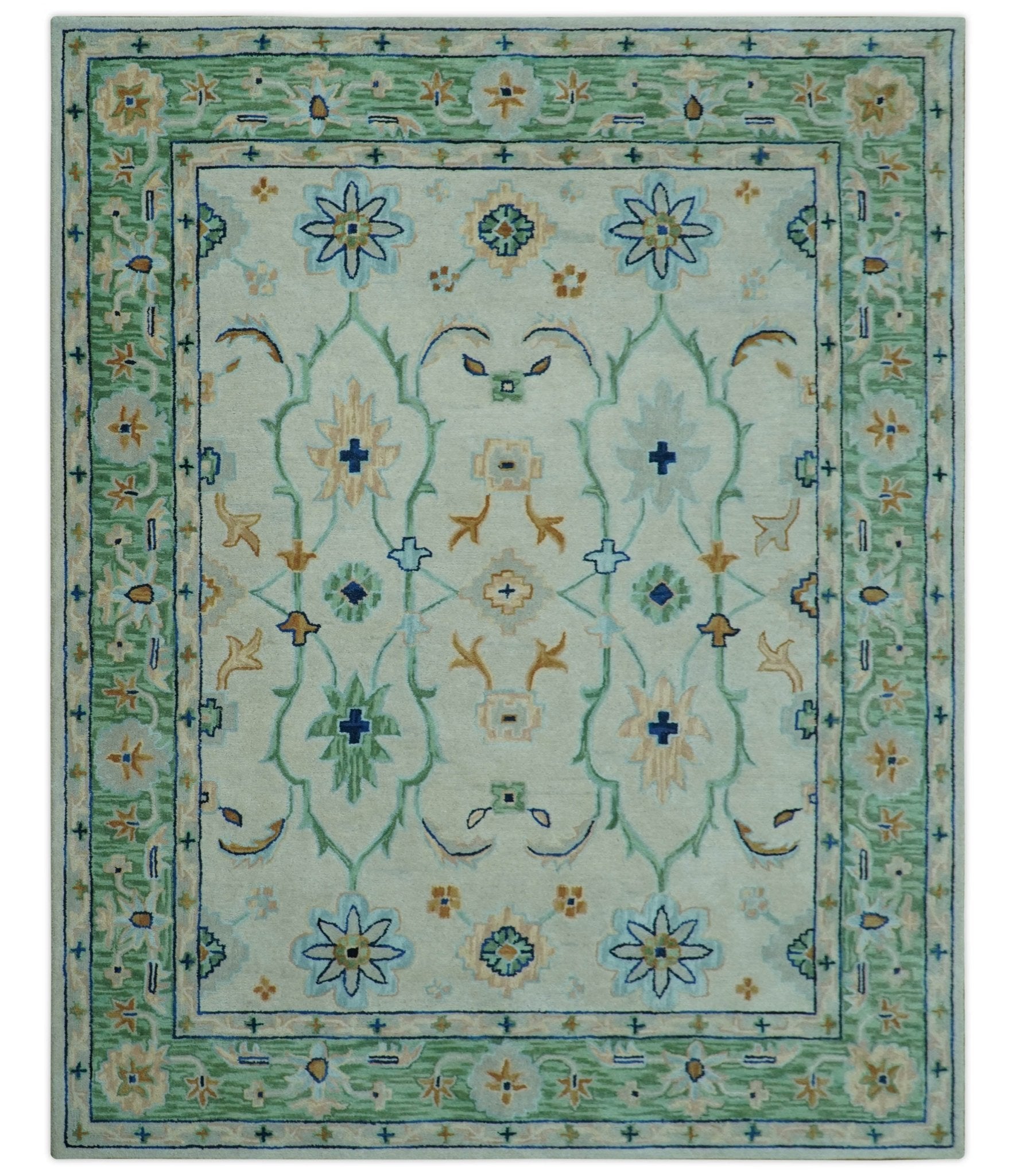 Beige and Green traditional Floral Oriental Oushak Hand Tufted Multi Size wool rug