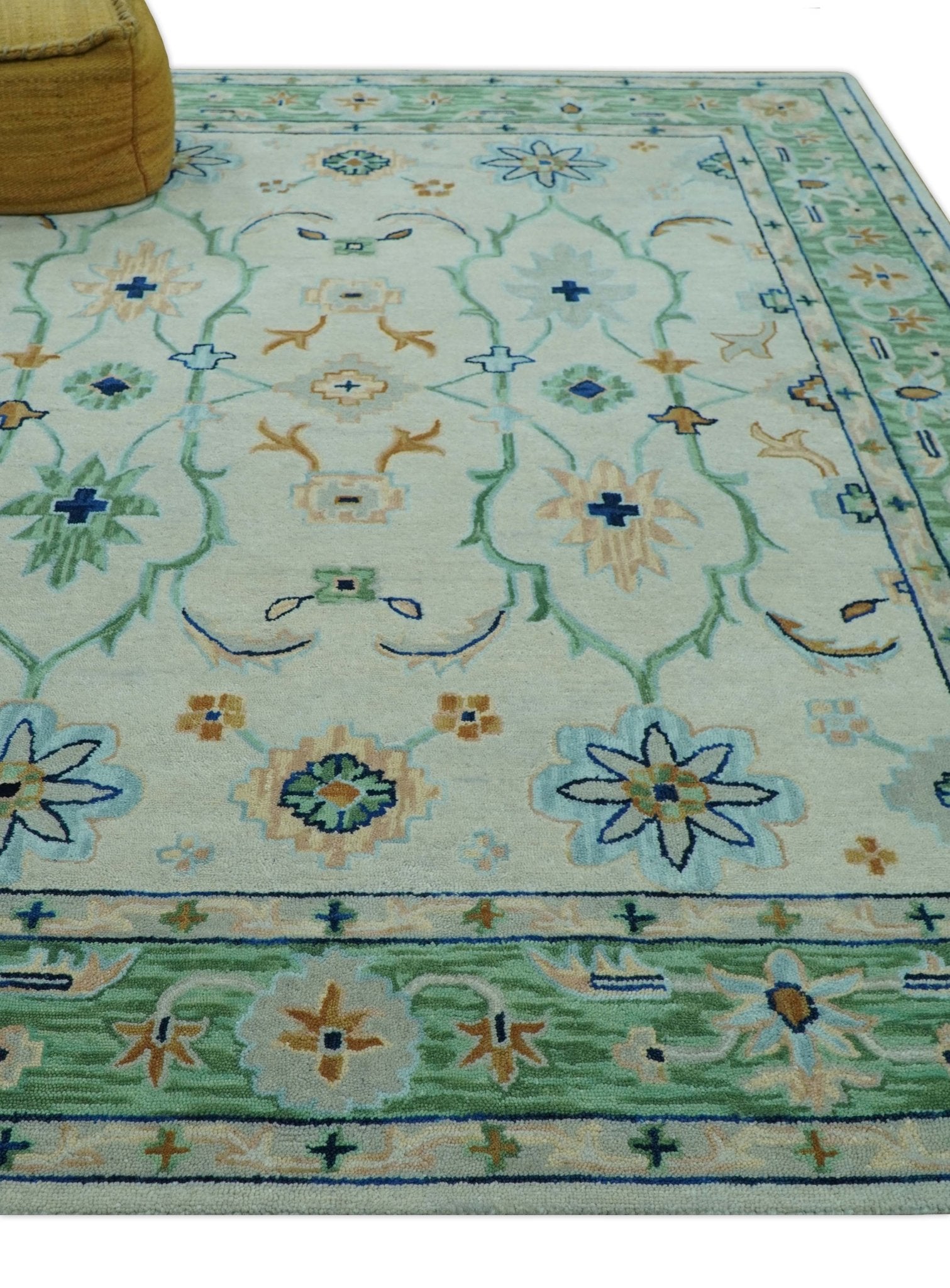 Beige and Green traditional Floral Oriental Oushak Hand Tufted Multi Size wool rug