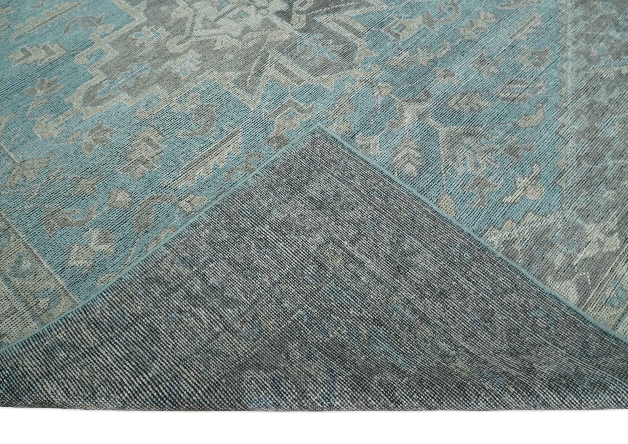Beige, Blue and Gray Antique Finish Distressed 5x8, 6x9, 8x10, 9x12 Hand Knotted Heriz Serapi Traditional Persian Area Rug | TRD2389 - The Rug Decor