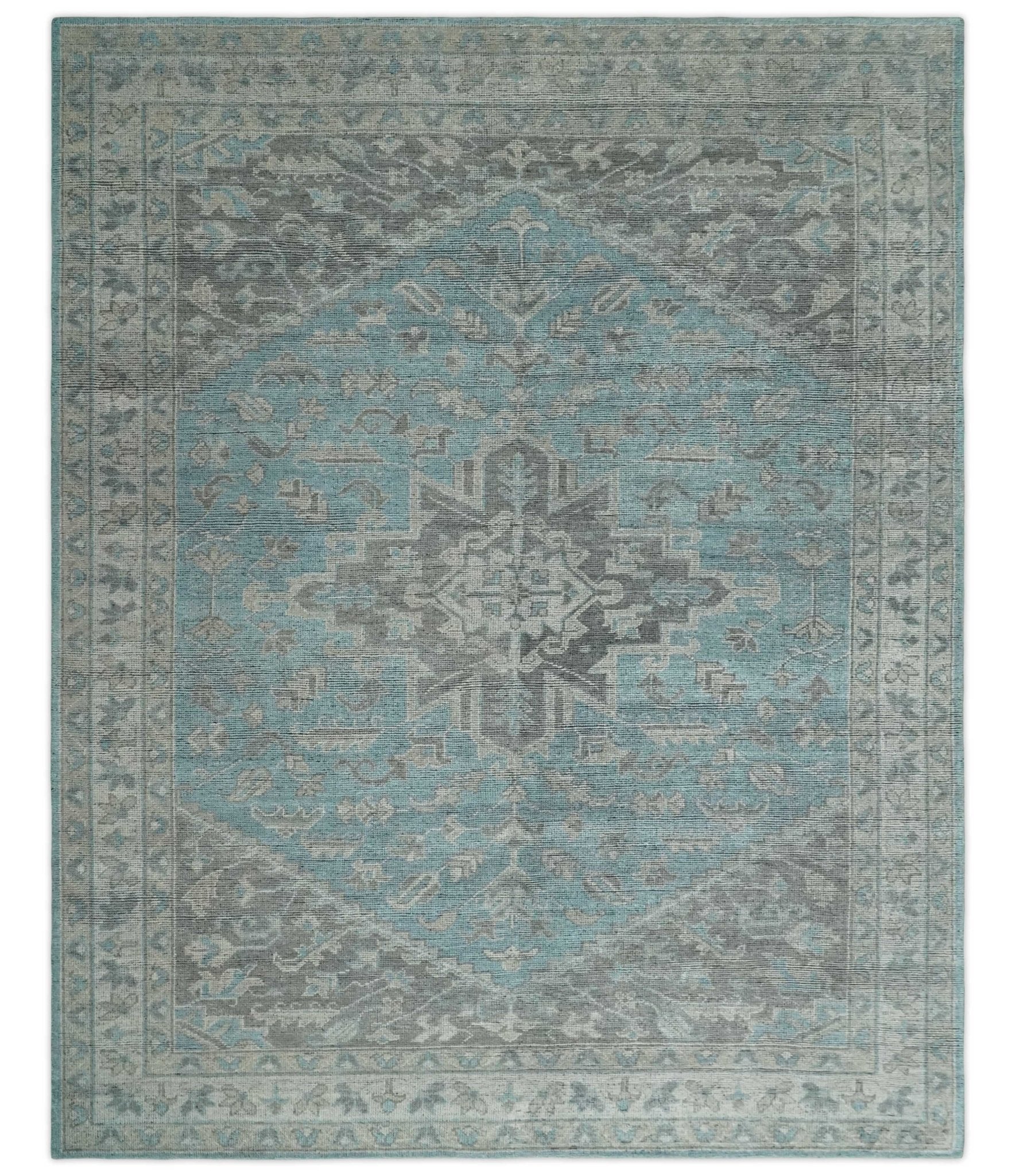 Beige, Blue and Gray Antique Finish Distressed 5x8, 6x9, 8x10, 9x12 Hand Knotted Heriz Serapi Traditional Persian Area Rug | TRD2389 - The Rug Decor