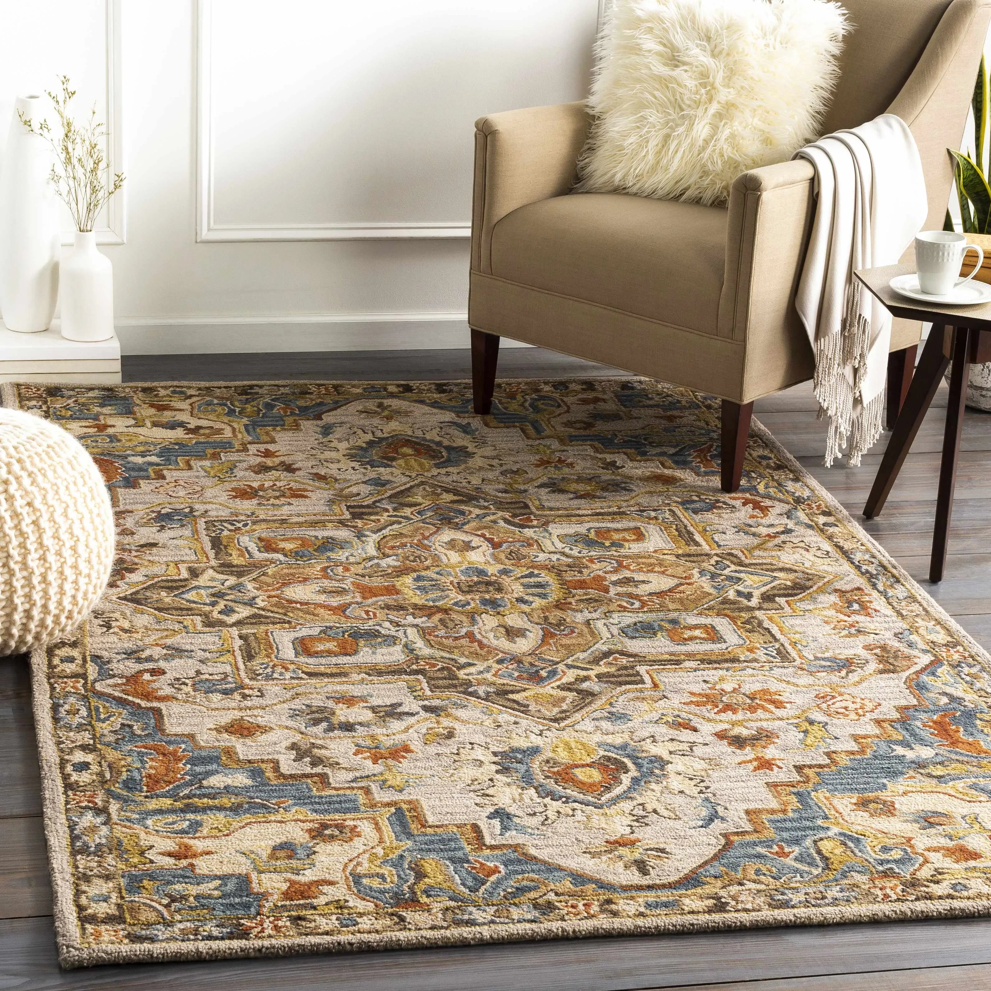 Birtley Wool Area Rug in Camel and Blue