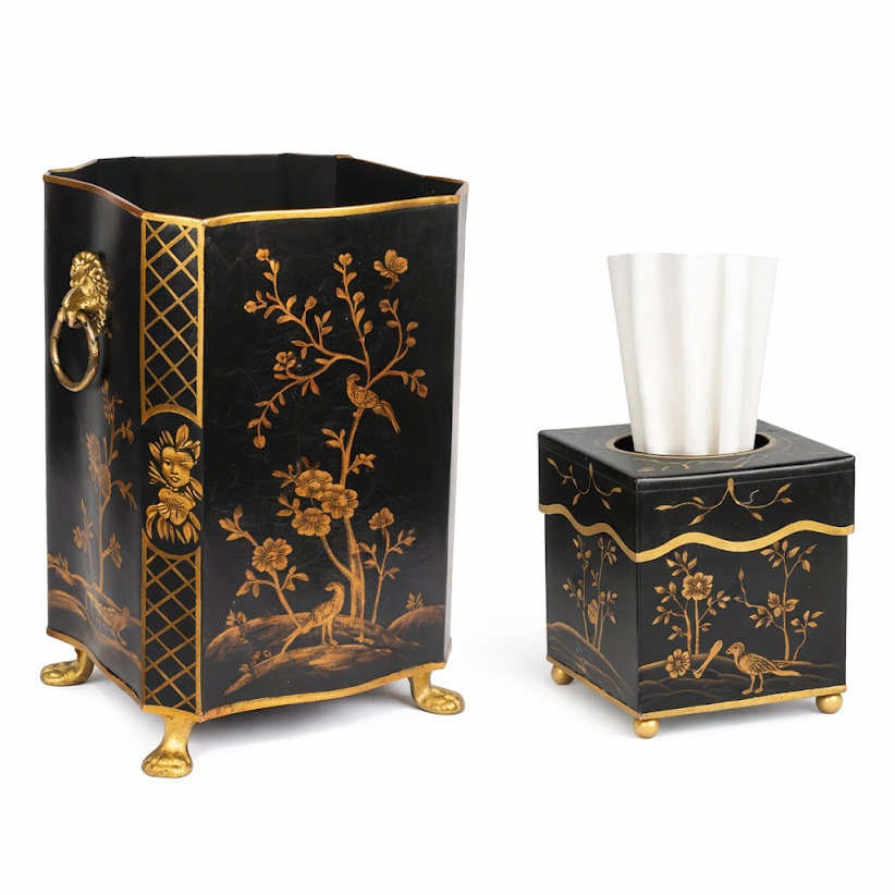 Black & Gold Square Scalloped Wastepaper Basket & Tissue (3 Options)