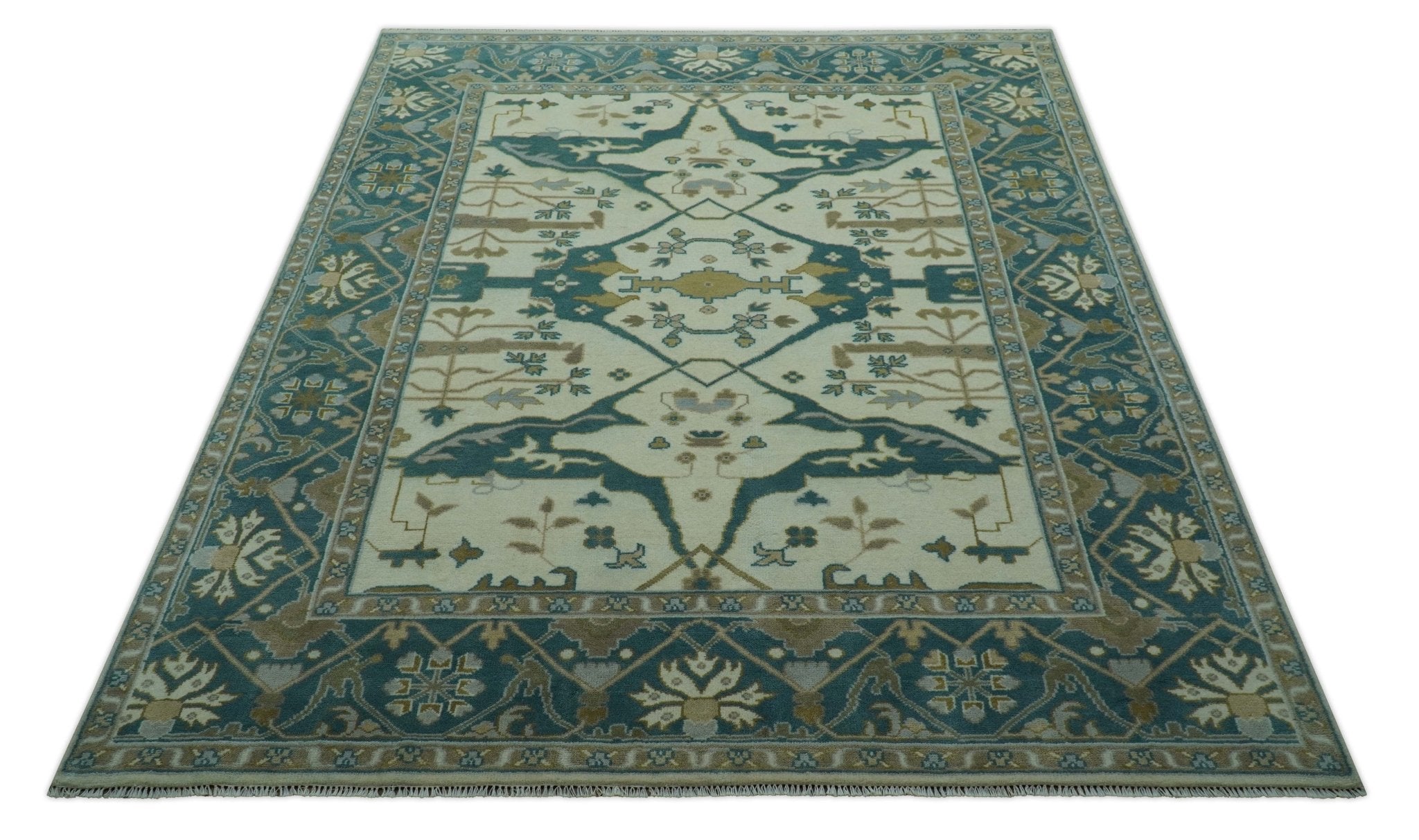 Blue And Beige Traditional Oushak Hand Knotted Custom Made wool rug