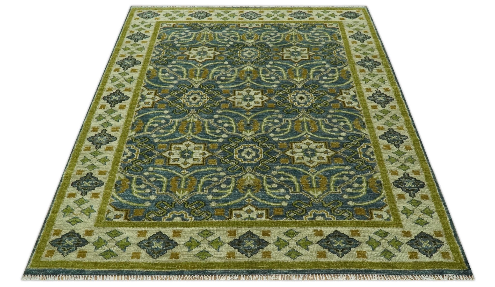 Blue and Olive Traditional motifs design Custom Made wool area rug - The Rug Decor
