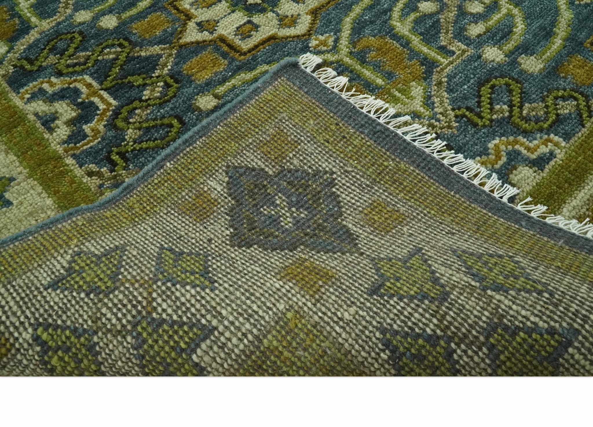 Blue and Olive Traditional motifs design Custom Made wool area rug - The Rug Decor