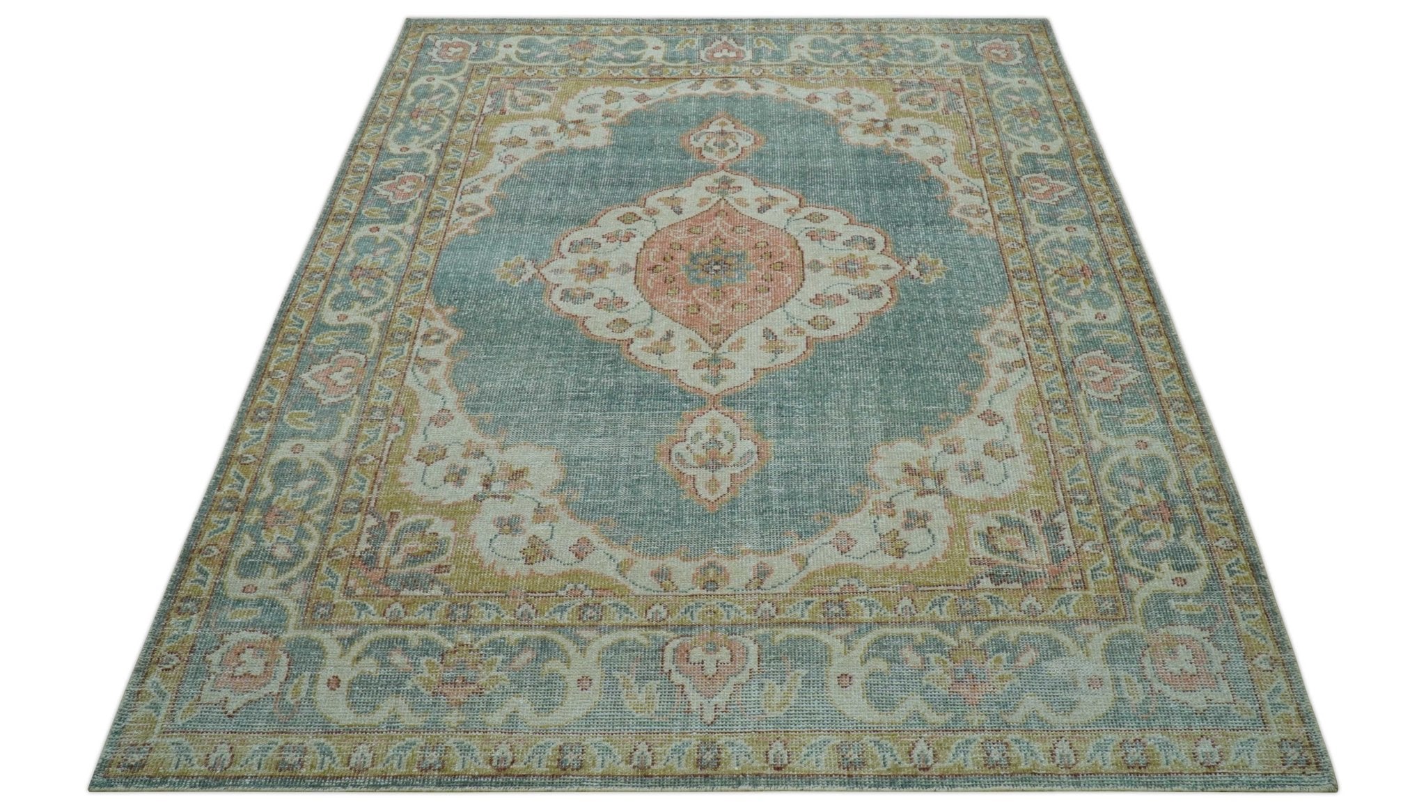 Blue And Peach Traditional Turkish Design Hand Knotted 8x10 Wool Area Rug