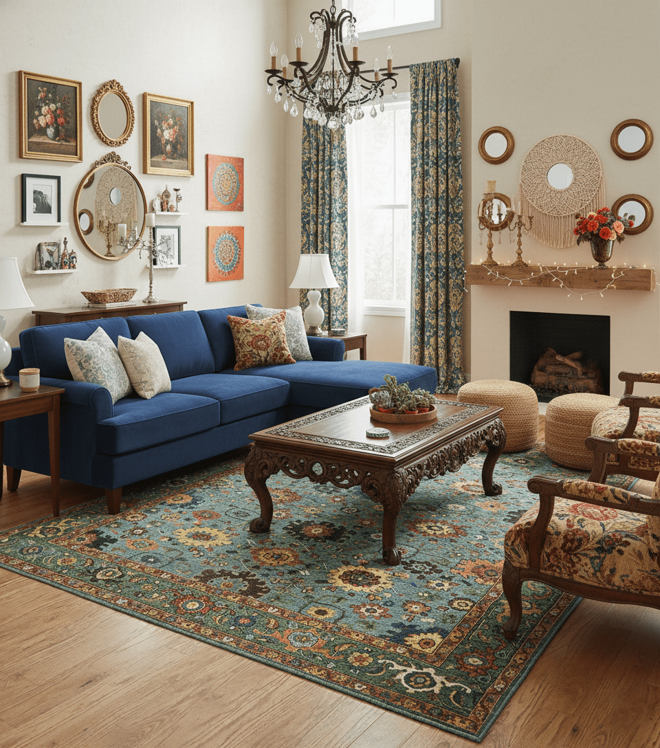 Blue, Green And Rust Traditional Turkish knot fine Hand knotted Wool Area Rug