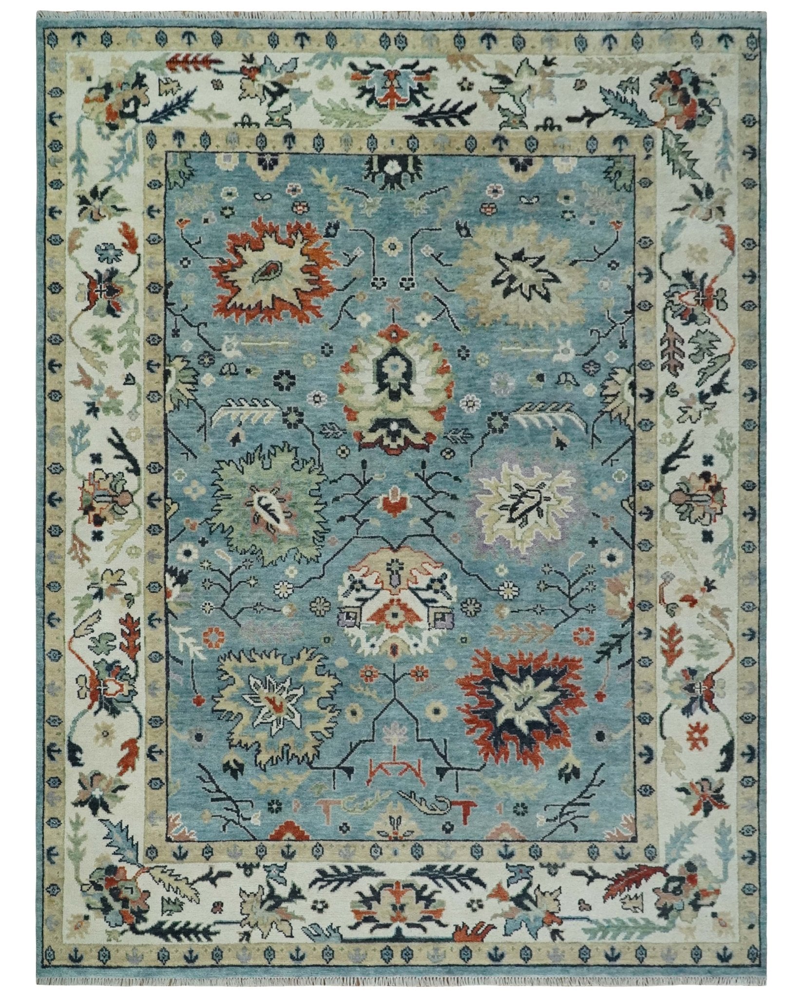 Blue, Ivory and Beige 8x10 and 9x12 Hand knotted Traditional Oushak Wool Area Rug