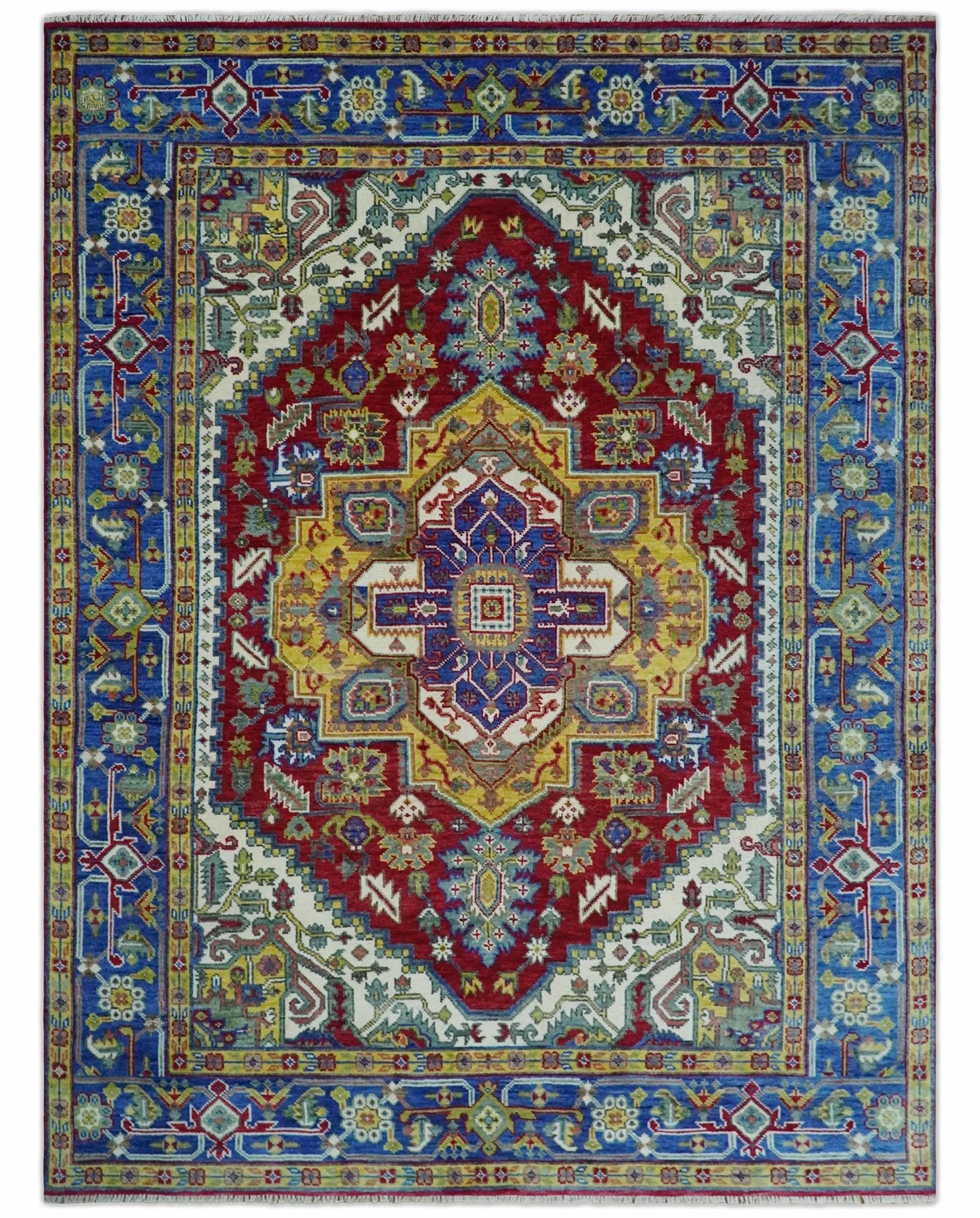 Blue, Red and Gold Hand Knotted Antique 5x8, 6x9, 8x10, 9x12, 10x14 and 12x15 Traditional Heriz Serapi Wool Rug | TRDCP1344 - The Rug Decor