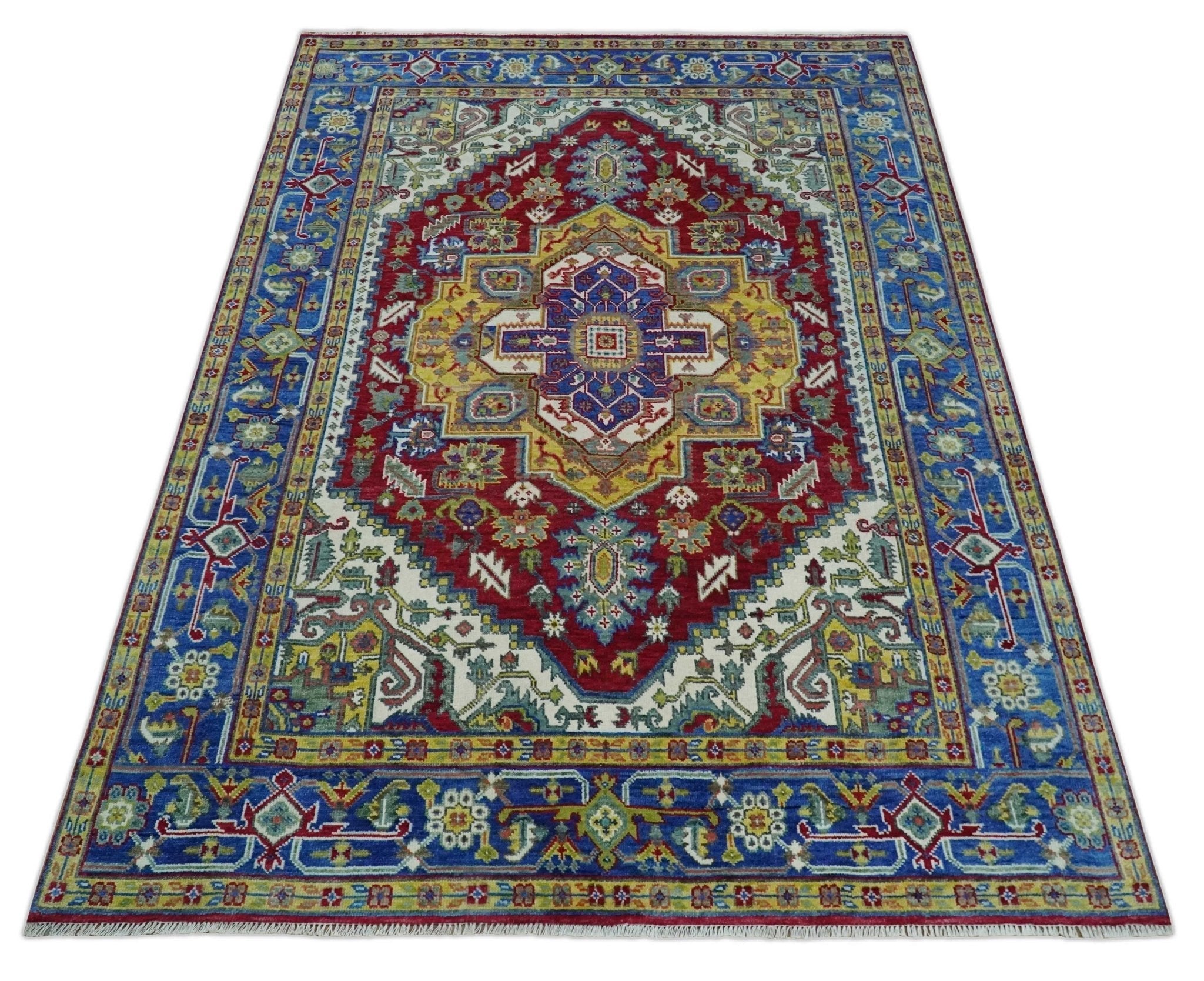 Blue, Red and Gold Hand Knotted Antique 5x8, 6x9, 8x10, 9x12, 10x14 and 12x15 Traditional Heriz Serapi Wool Rug | TRDCP1344 - The Rug Decor