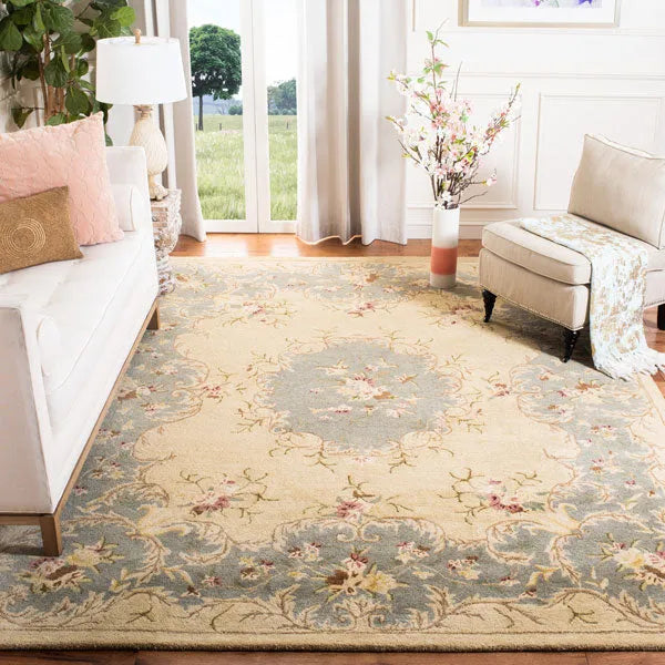 Bergama Wool Rug in Ivory and Light Blue