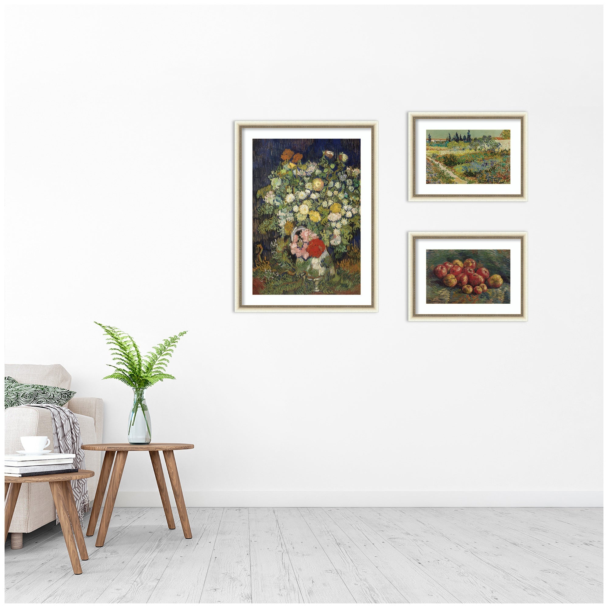 Apples 1887, Bouquet of Flowers in a Vase 1890, & Garden at Arles by Vincent Van Gogh 3 Piece Framed Wall Art Print Set by Nostalgia Prints