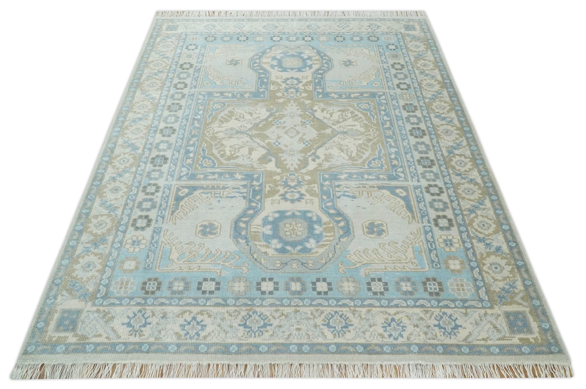 Cappadocia Rug 8x10 Hand Knotted Turkish Blue, Beige and Ivory Traditional Antique Persian Low Pile Area Rug | AC31810
