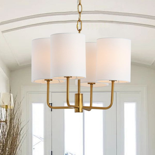 Elias Chandelier in Brass Gold with 4 Off White Cotton Shades