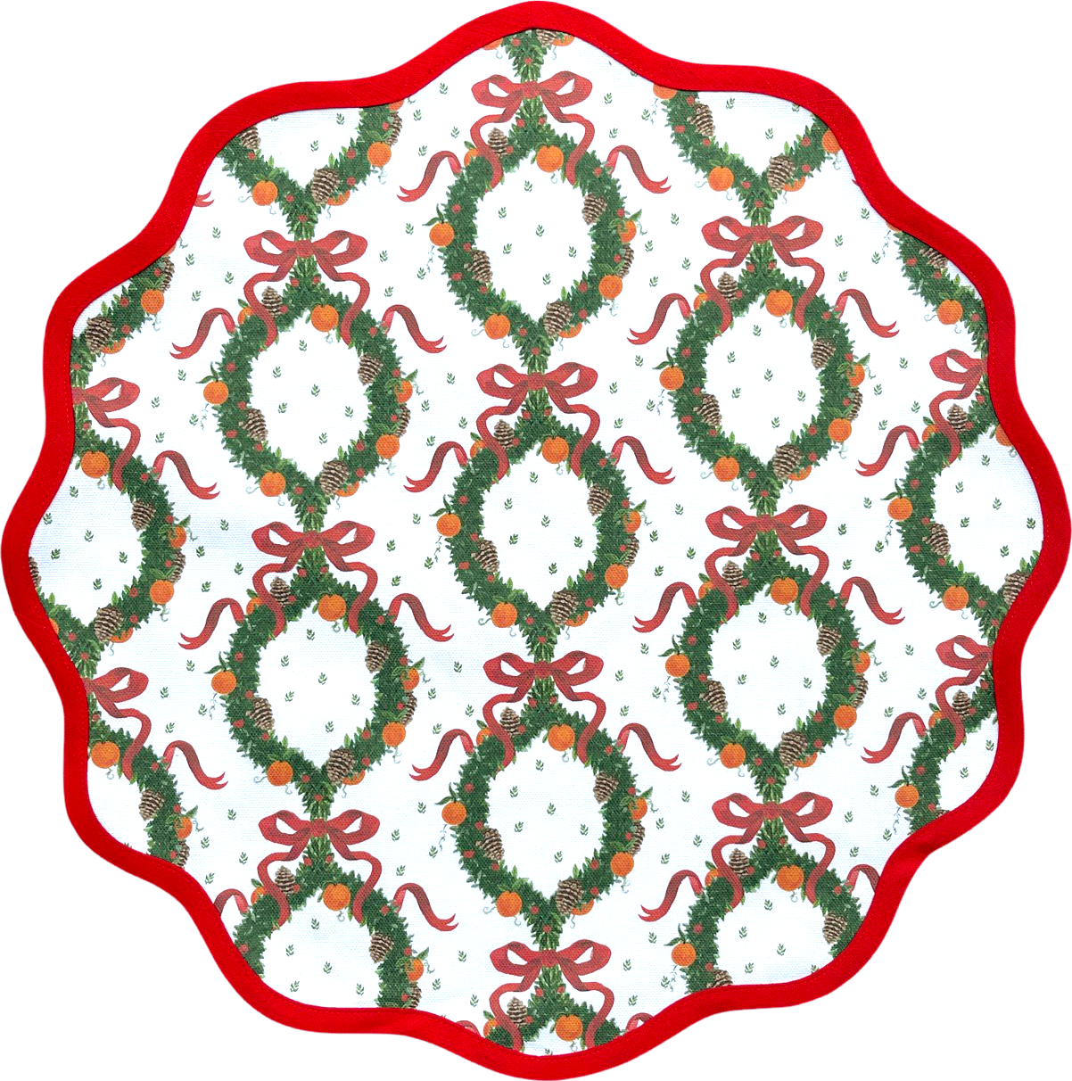 Round Scalloped Placemat | Holiday Wreath - Rosebud Red