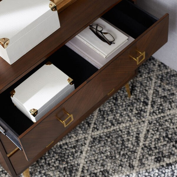 Katia 3 Drawer Wood Chest in Walnut with Gold Knob