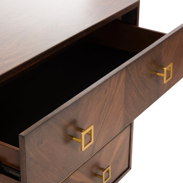 Katia 3 Drawer Wood Chest in Walnut with Gold Knob