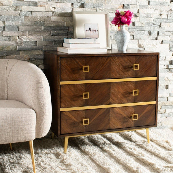 Katia 3 Drawer Wood Chest in Walnut with Gold Knob