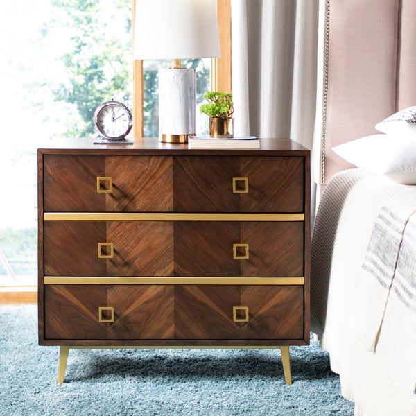 Katia 3 Drawer Wood Chest in Walnut with Gold Knob