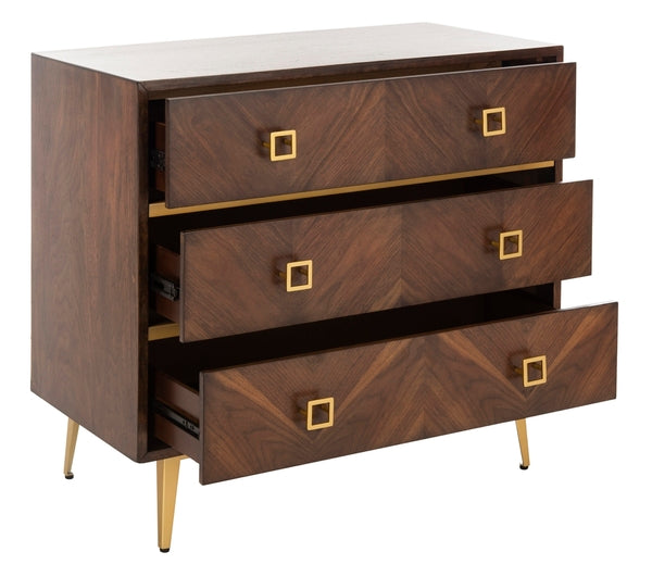 Katia 3 Drawer Wood Chest in Walnut with Gold Knob