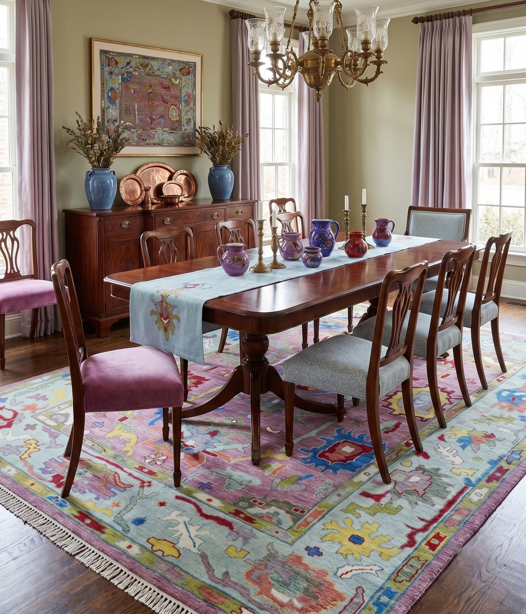 Colorful Hand knotted Traditional Oushak Pink And Ivory Custom Made wool Area Rug