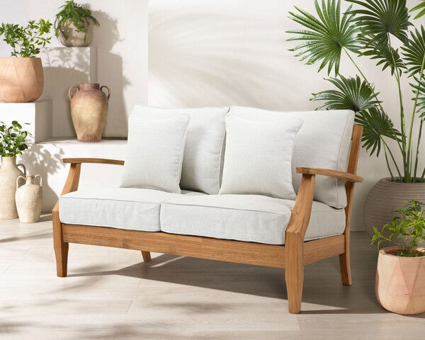 Martinique Teakwood Patio Loveseat in Natural Teak with White Cushion