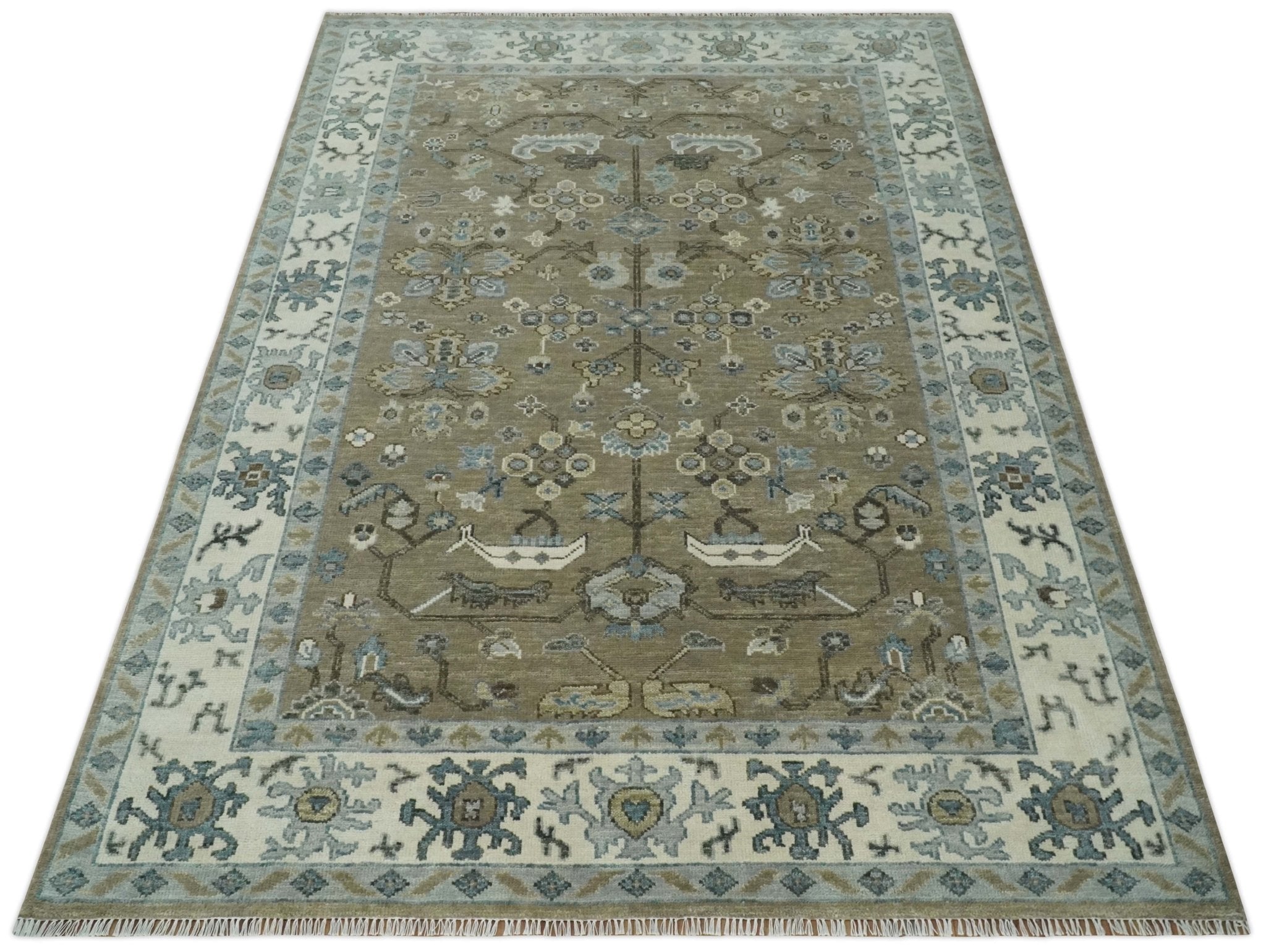 Custom Made Antique look Hand Knotted Beige, Ivory and Silver Oriental Oushak Multi Size Traditional Wool Area Rug