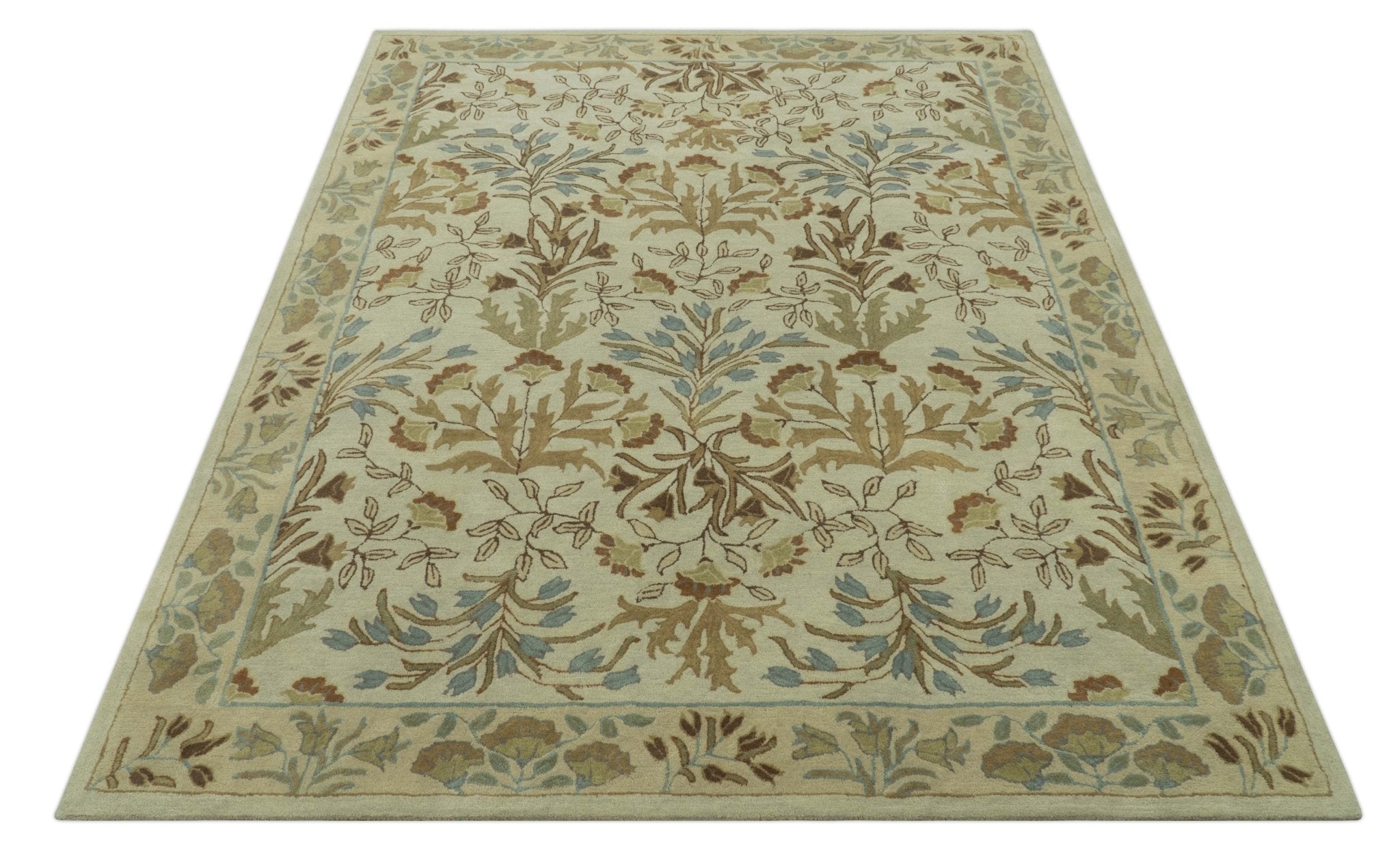 Custom Made Beige And Brown Traditional Floral Design Hand Tufted Wool Area Rug - The Rug Decor
