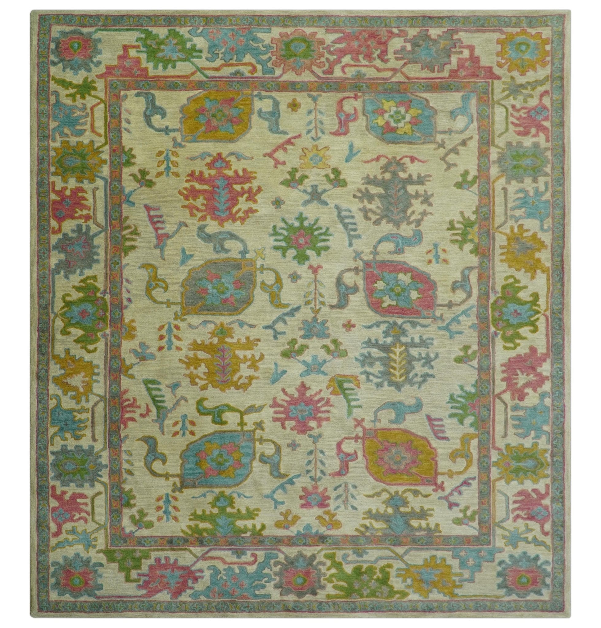 Custom Made Beige And Green Traditional Oushak Design Hand Tufted Wool Rug