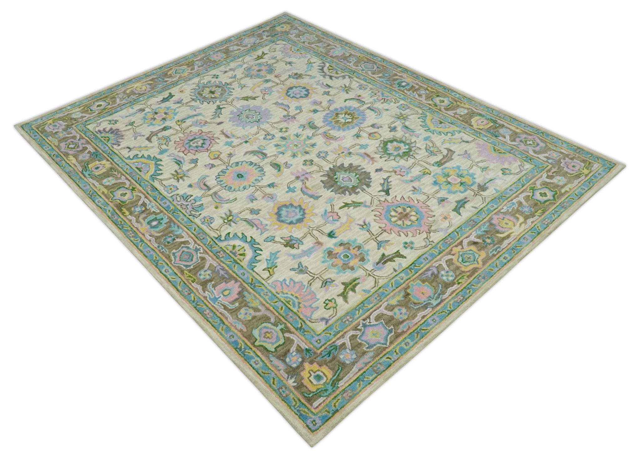 Custom Made Beige, Blue and Purple Traditional Floral Hand Tufted wool rug - The Rug Decor