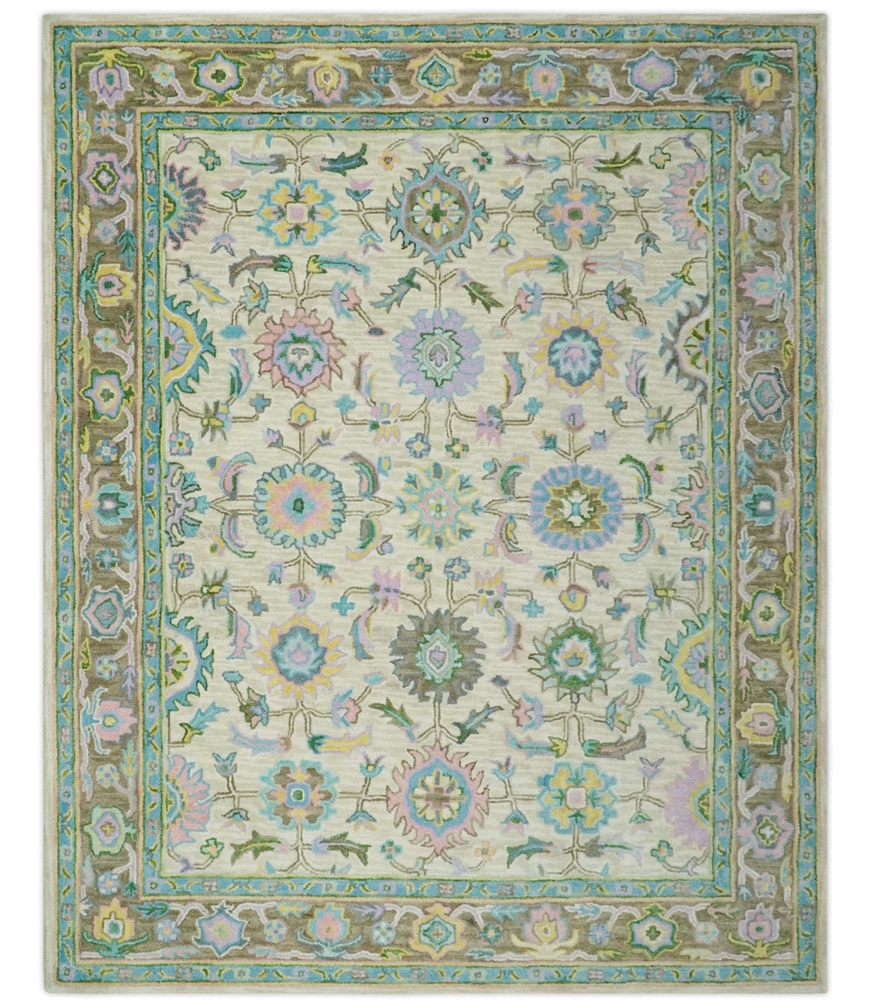 Custom Made Beige, Blue and Purple Traditional Floral Hand Tufted wool rug - The Rug Decor