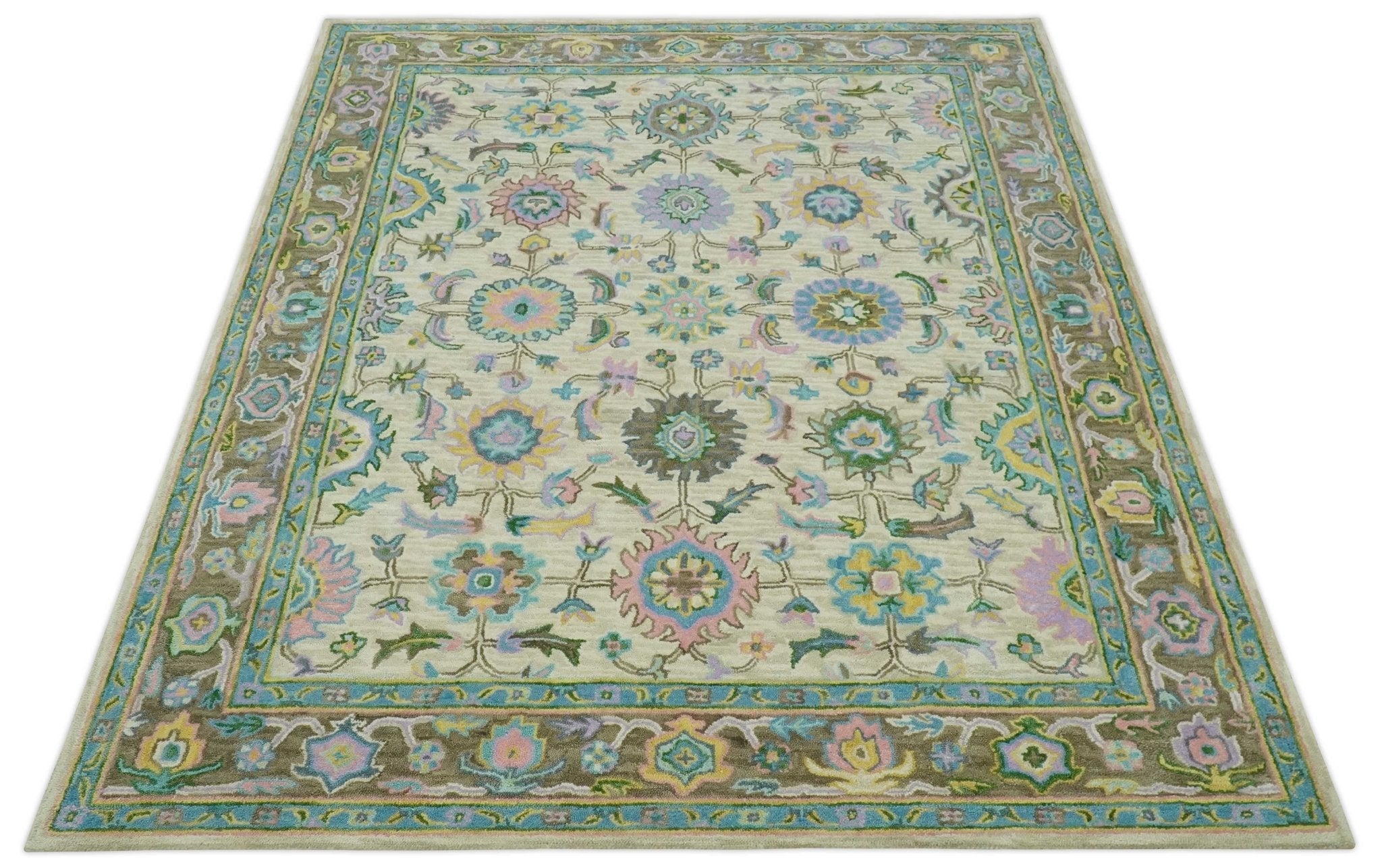 Custom Made Beige, Blue and Purple Traditional Floral Hand Tufted wool rug - The Rug Decor
