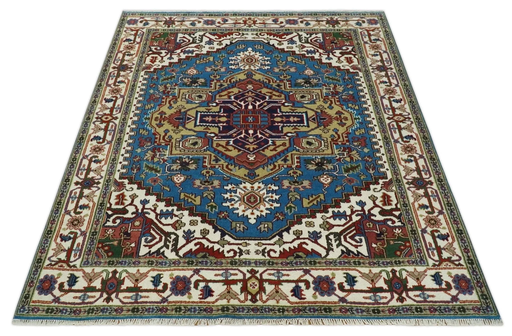 Custom Made Blue and Ivory Medallion Hand knotted Traditional wool Area Rug
