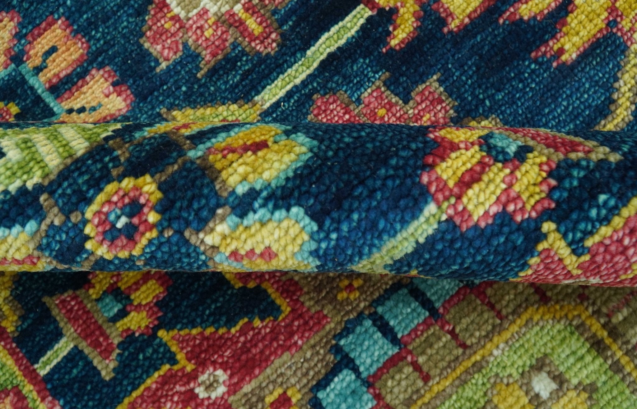 Custom Made Blue And Olive Traditional Medallion Hand Knotted Wool Rug - The Rug Decor