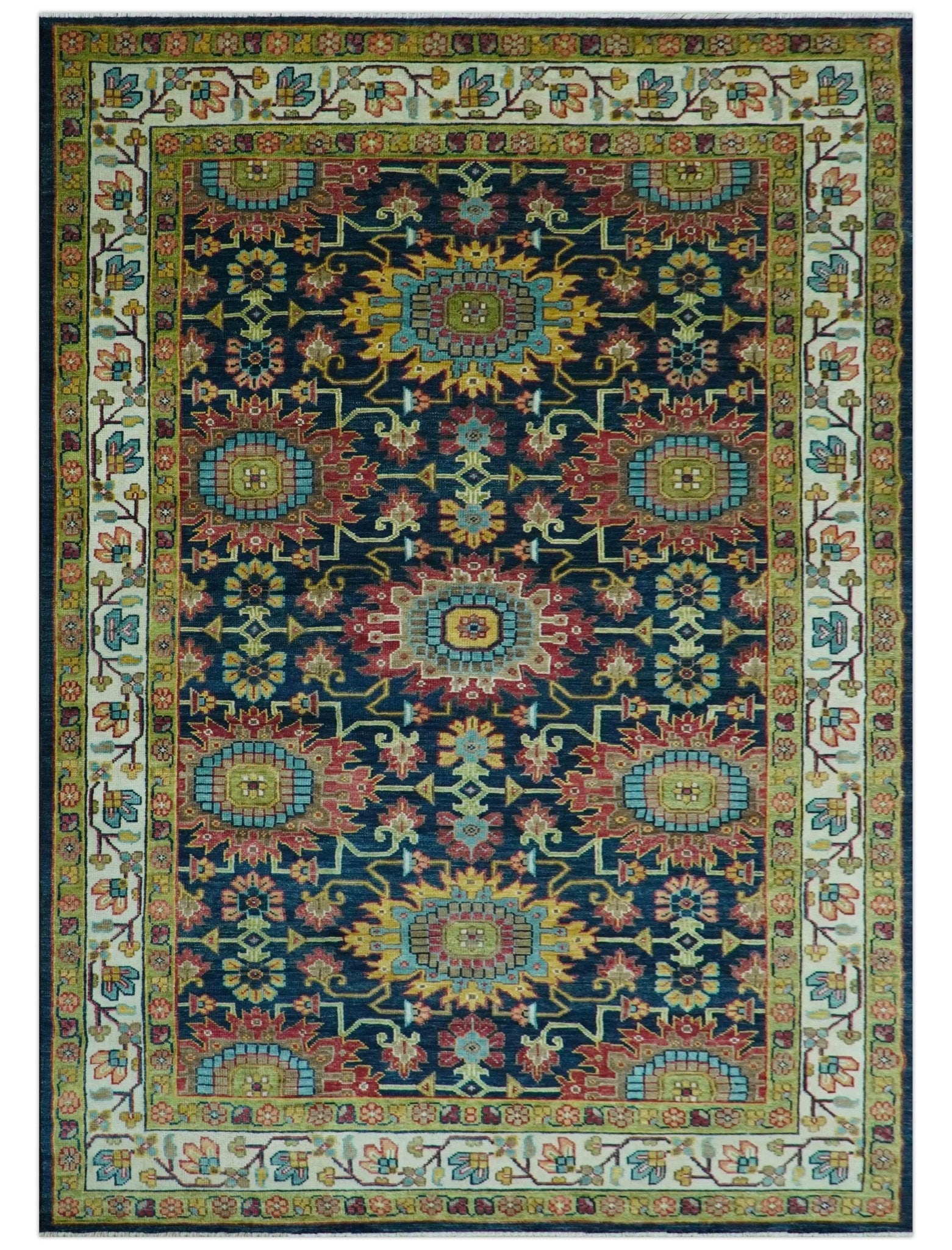 Custom Made Blue And Olive Traditional Medallion Hand Knotted Wool Rug - The Rug Decor