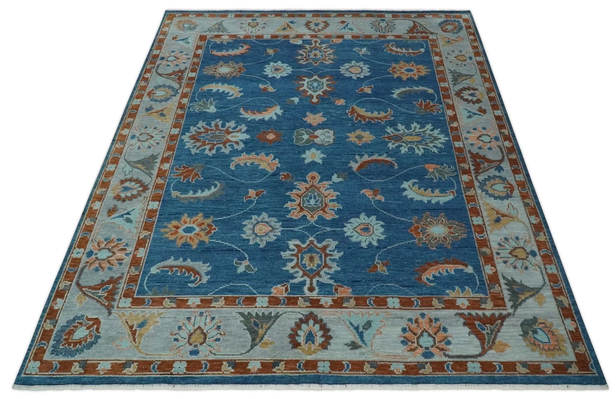Custom Made Blue and Silver Hand knotted colorful Traditional Oushak wool Area Rug