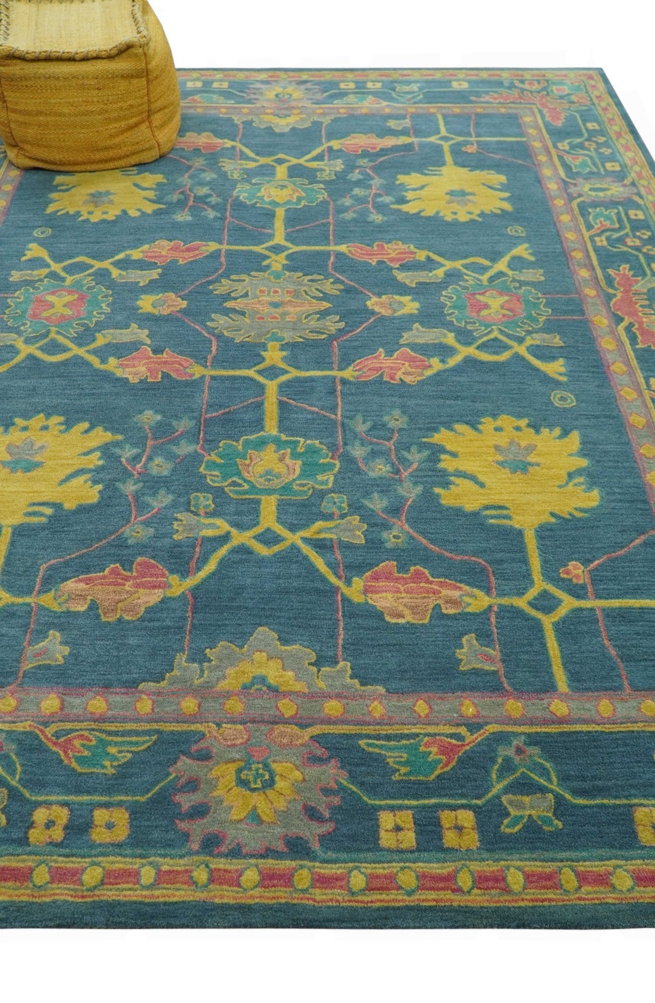Custom Made Blue And Yellow Traditional Oushak Design Hand Tufted Wool Rug
