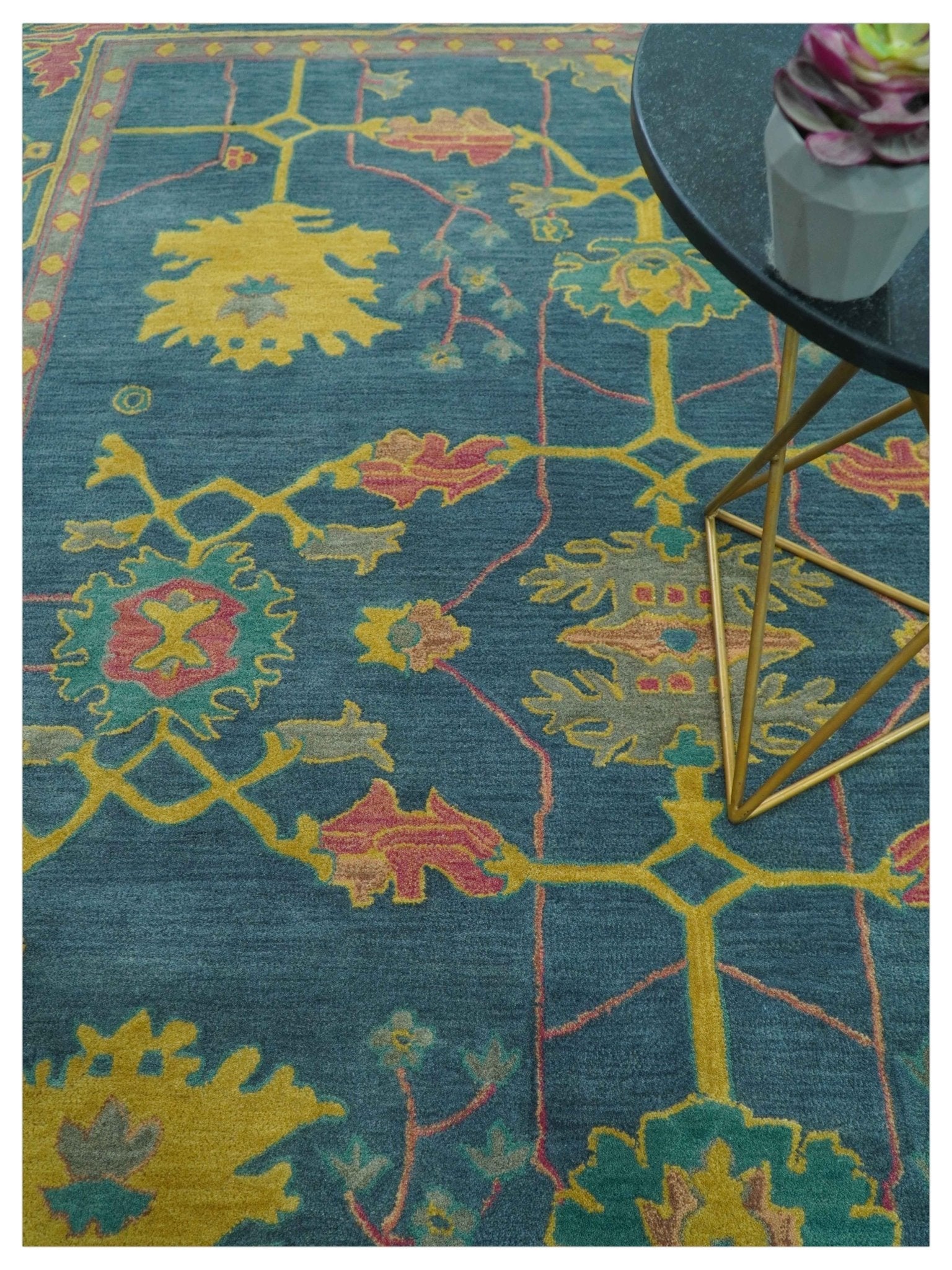 Custom Made Blue And Yellow Traditional Oushak Design Hand Tufted Wool Rug