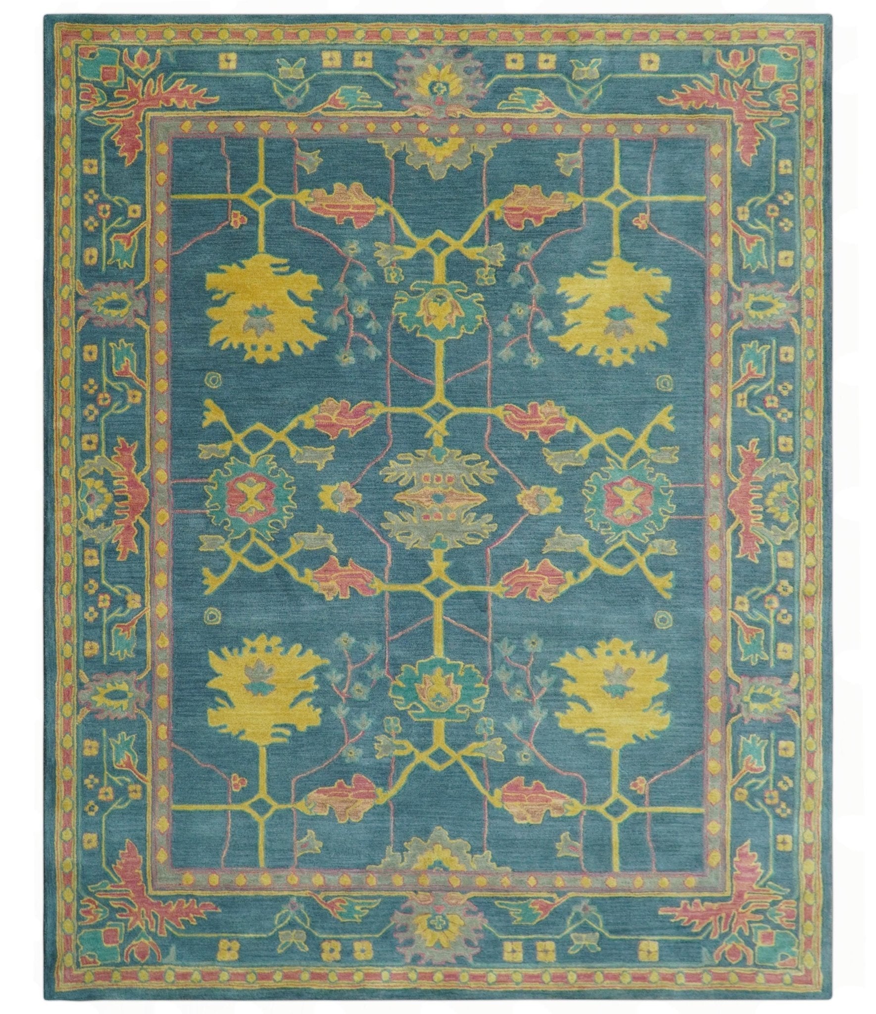 Custom Made Blue And Yellow Traditional Oushak Design Hand Tufted Wool Rug