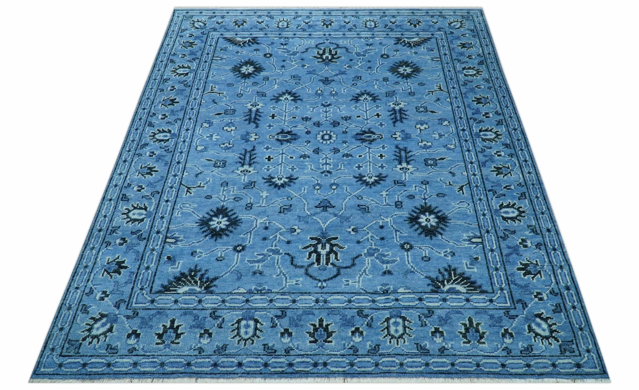 Custom Made Blue Traditional Persian Design Hand Knotted Wool Rug - The Rug Decor