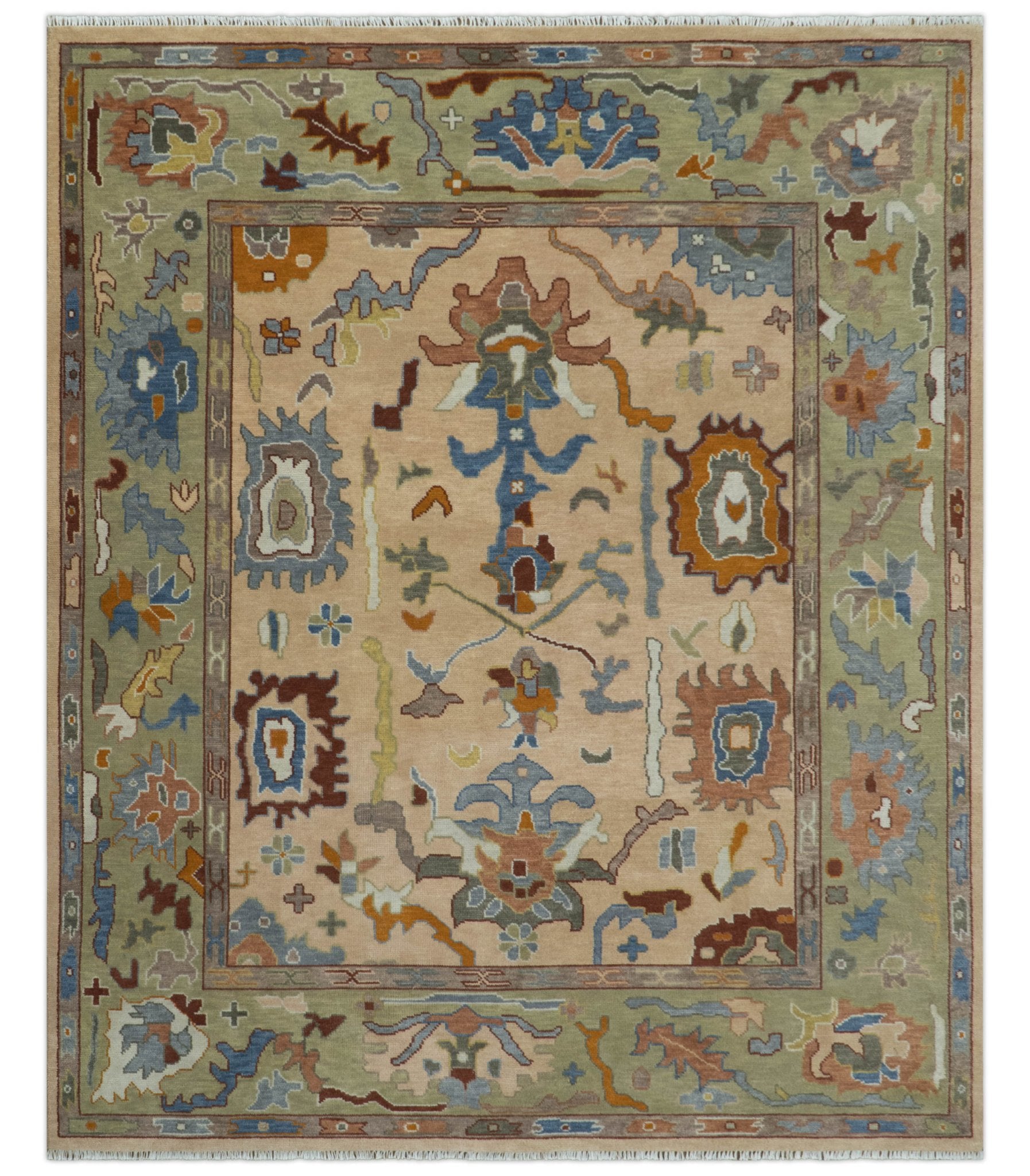 Custom Made Colorful Peach and Green Hand knotted Oushak wool Area Rug - The Rug Decor
