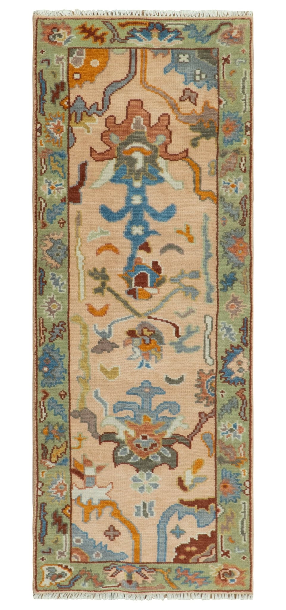 Custom Made Colorful Peach and Green Hand knotted Oushak wool Area Rug - The Rug Decor