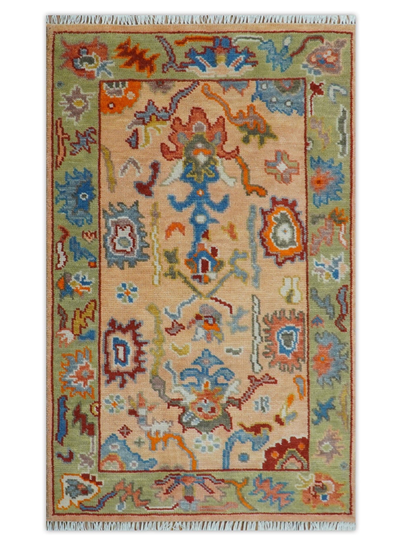 Custom Made Colorful Peach and Green Hand knotted Oushak wool Area Rug - The Rug Decor