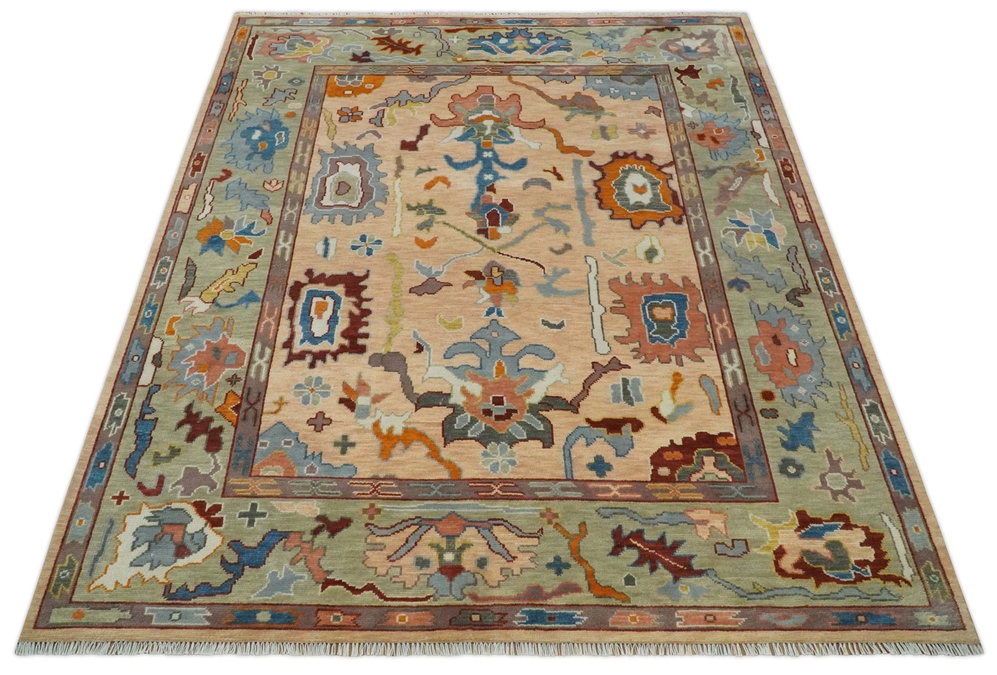 Custom Made Colorful Peach and Green Hand knotted Oushak wool Area Rug - The Rug Decor