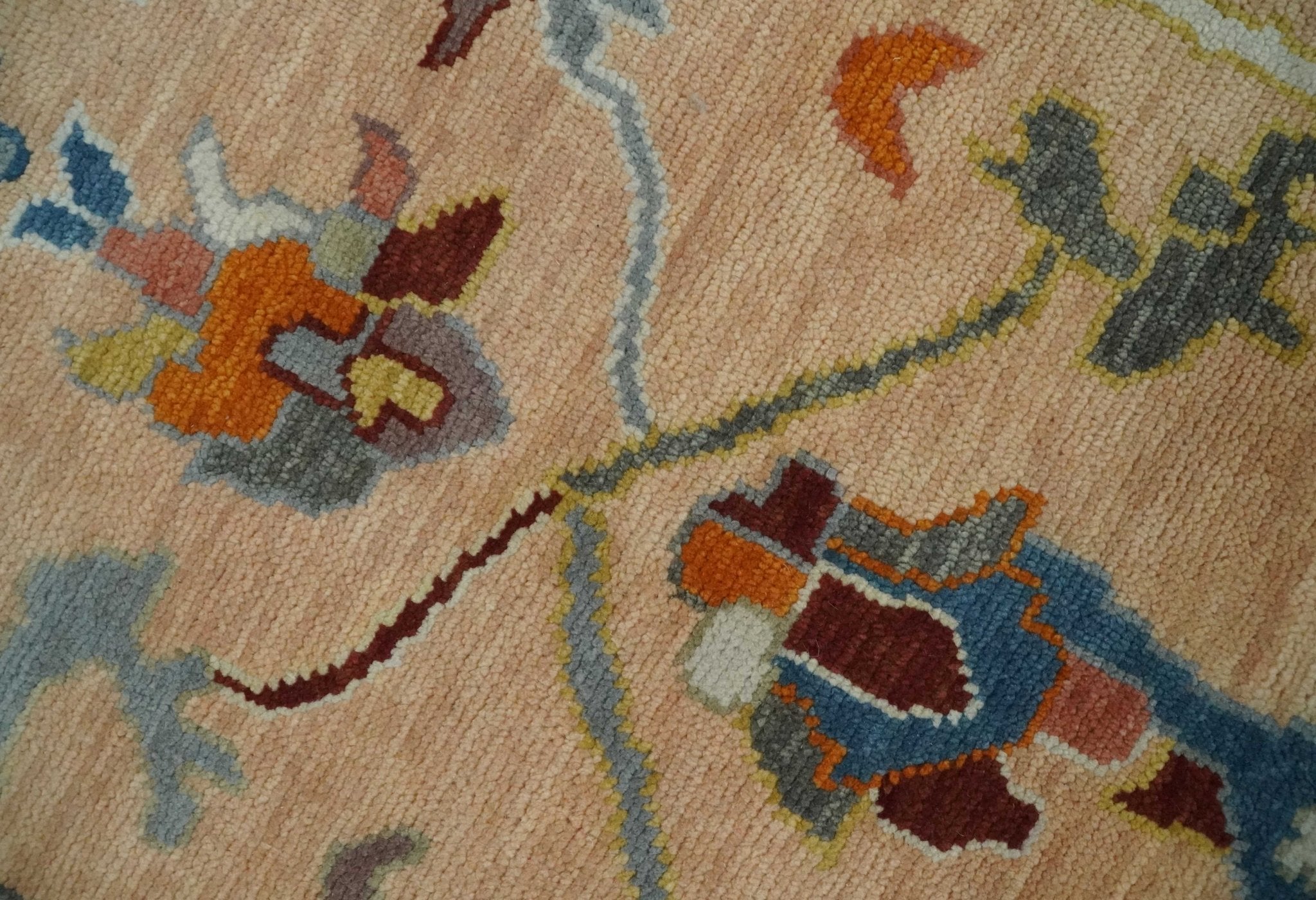Custom Made Colorful Peach and Green Hand knotted Oushak wool Area Rug - The Rug Decor