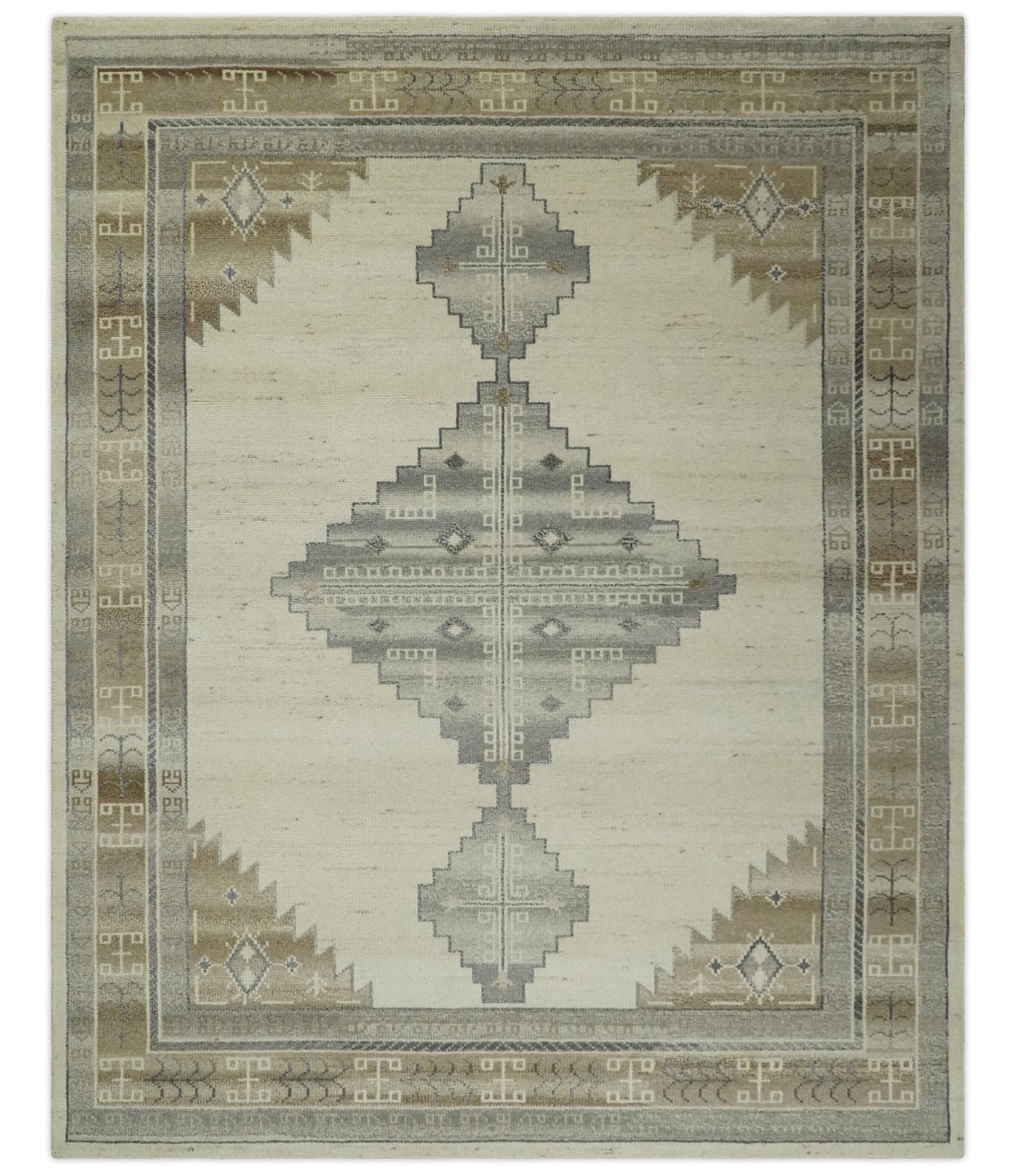 Custom Made Earthy Hand Knotted Ivory, Charcoal and Beige Wool Area Rug - The Rug Decor