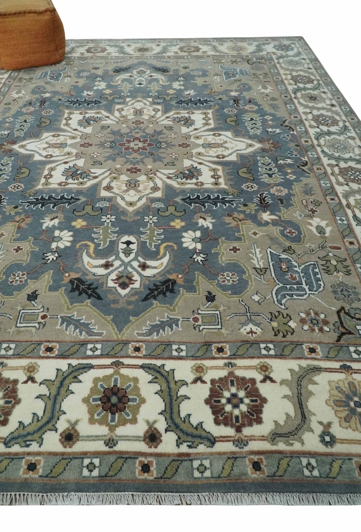 Custom Made Fine Knots Hand Knotted Ivory, Taupe and Olive Traditional Wool Rug